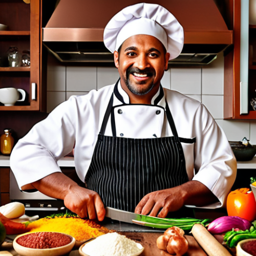 Home 4 A vibrant, multicultural kitchen scene with a chef in their late 30s, wearing an apron and confidently holding a knife, surrounded by diverse ingredients from around the world. The style should be warm and inviting, emphasizing the joy of cooking.