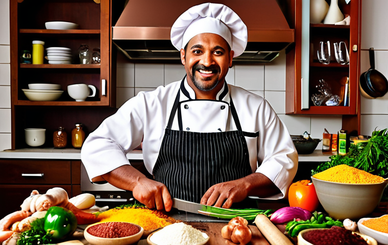 A vibrant, multicultural kitchen scene with a chef in their late 30s, wearing an apron and confidently holding a knife, surrounded by diverse ingredients from around the world. The style should be warm and inviting, emphasizing the joy of cooking.